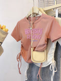 Pure Cotton T-Shirt Women's Short Sleeves To Repair Short Sweet Summer 2025 New Drawstring Collar Top