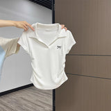 Pure Cotton Polo Collar Short-Sleeved T-Shirt Women's Summer Dress Large-Size Bottom T-Shirt Fat Mm Thin High-End Wrinkled Short Blouse