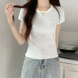 Blue And White Striped Shoulder Short-Sleeved T-Shirt Women's Summer Chic Repair Pure Cotton Basic Inside The T-Shirt