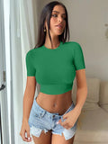 Global YS Women's Explosive Women's Sexy Hot Girl Pure Color Round Collar Body Open Umbilical Long-Sleeved T-Shirt Women's Clothing