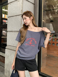Spice Girl Striped Print Slanted Shoulder Short-Sleeved T-Shirt 2026 Summer New Loose Word Shoulder High-End Feel Top