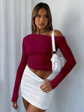 2025 Slanted Shoulder Asymmetrical Solid Umbilical Umbilical Top Long Sleeve Splicing Design