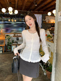 White Round Collar Hook Hollow Long-Sleeved Knitted Cardigan 2026 Autumn New Slim Thin Top
