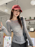 Letter Embroidery Design Hollow Hole Knitted Shirt Women Autumn Sun Protection Shirt Pure Lusty Temperament Micro-Permeable Top