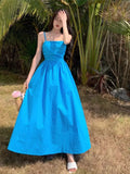 French Blue Sling Dress Seaside Holiday Dress High Quality Waist Big Skirt Beach Dress Summer