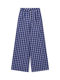 Blue Retro Lattice Slacks Wide Leggings Women Early Spring High-Waisted Lazy Style Trousers Straight Trousers Trousers