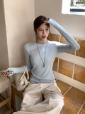 Blue Round Collar Shoulder Foundation Long-Sleeved Bottom Shirt Women 2026 Autumn Simple Set Slim Top