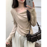 Coffee Color Korean Slanted Shoulder Collar Long-Sleeved T-Shirt 2026 Autumn Bottom Folded Thin Inside Top