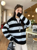 Korean Collar Stripe Splicing Color Knitted Shirt Women 2026 Early Autumn Loose Lazy Wind Jacket Sweater Jacket