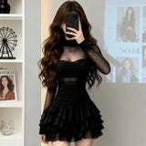 Light Luxury Temperament Mesh Splicing Long Sleeve Deep High-Neck Cake Skirt Women's High-End Feel French Banquet Dress
