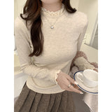 French Fake Two Splicing Lace Lace Hair Thick Long Sleeve Bottom Shirt Women Autumn And Winter Coat