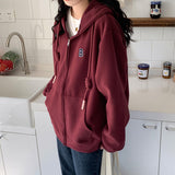 Plus Velvet Loose Hooded Jacket Women Autumn And Winter 2026 New Wine Red Zipper Open Shirt Thick Coat Women Lazy Wind