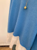 2025 New Blue Fake Two Lace Splicing Loose Outer Wear Sweater Women's Autumn And Winter Lazy Wind High Sense