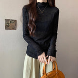 Half-High Collar Long-Sleeved Bottom Shirt T-Shirt Women's Autumn And Winter Lace Wood Ear With Velvet Thick And Stacked Inside And Put On The Top