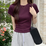 Purple Retro Small Flying Sleeves Short-Sleeved T-Shirt For Girls Summer High-Rise Slimmed-In Hot Girls Short French Top