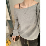 Gray Oblique Shoulder Long-Sleeved T-Shirt Girl Early Autumn Loose Word Shoulder Slack Feeling Hottie Sexy Unique Temperament Blouse