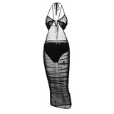 Summer New Sexy Hottie Hanging Neck Tie Bare Back Net Yarn Transparent Dress