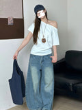 Pure Cotton Slant Shoulder Loose Word Collar Short-Sleeved T-Shirt Lazy Windy Shoulder Thin Set In The Spring Summer Blouse Woman
