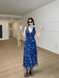 French Retro V-Neck Vest Dress Women's Summer Temperament Tibetan Blue Long Dress Niche Skinny A-Shaped Skirt