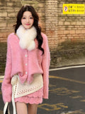 Temperament Thousand Gold Wind Pink Sweater Set Of Women's Autumn And Winter Sweet Soft-Creinating V-Neck Knitted Skirt Two-Piece