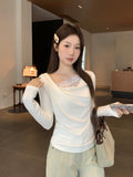 Korean Solid Color Collar One-Word Collar Shoulder Long-Sleeved T-Shirt Women's 2026 New Early Autumn Super Good-Looking Lace Top