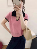 Cicpic Clip Collared Small Thin Knitted Shirt Summer New Temperament Thin Shoulder Short Sleeve Coat Head Woman