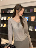 Pure Lust Wind Thin Slim Long-Sleeved T-Shirt Early Autumn Fashion Tying With Large Neckline Close Thin Inside Cloth
