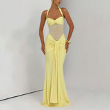 2025 New Hanging Neck Tie Mesh Splicing Ribbon Dress Dress Dress