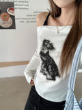 White Puppy Letter-Print Shoulder Strap Design Long-Sleeved T-Shirt Women's Early Autumn Angle Shoulder Folded Shoulder