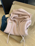 Double Zipper Hooded Long-Sleeved Knitted Cardigan Sweater Coat Lady Languid Wind High-End Feel Embroidered Sweater