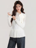 Apricot Half-High Collar Long Sleeve Thick Knitted Bottom Shirt With Lace Under The Lace Autumn And Winter High-End Repair Body Dress Woman