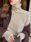 De-Hing Pile Collar Striped Bottoming Shirt Women's Long Sleeve 2025 Autumn And Winter 2025 New Set-Up Warm Top T-Shirt