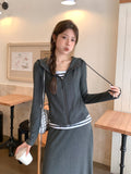 Deep Gray Fake Two Rope Hooded With Long-Sleeved T-Shirt Women 2026 Autumn Zipper Design Feel Bottoming Top