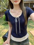 Wood Ear Splicing Hem Two Round Collar Short-Sleeved T-Shirts For Women's Summer New Tying With Pure Lustful Style On The Top