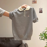 Super Nice Cute Embroidery POLO Collar Knitted Shirt Summer New Button Hood Repair On The Shoulder Short Sleeve Top