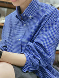 Miu-Style Folding Cotton Classic Blue And White Check-Shirt Women Wear Long-Sleeved Shirts In Four Seasons