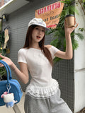 Lace Lace Spliced Short-Sleeved T-Shirt For Women's New Body-Repair Bow Design Tops In Summer 2026