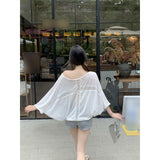 Short-Sleeved T-Shirt For Women 2025 Summer Fruit Green Stripes New Loose Shoulder Unique Comfortable Tuck