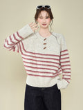 Design-Sensitive Striped Horn Buckle Round Collar Collar Sweater 2026 Autumn And Winter New Knitted Long-Sleeved Top
