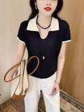 Cicpic Clip Collared Small Thin Knitted Shirt Summer New Temperament Thin Shoulder Short Sleeve Coat Head Woman