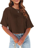 Women's Loose Short T-Shirt Round Collar Umbilical Top Casual Summer Solid Color Basic T-Shirt Short Sleeve