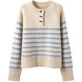 Design-Sensitive Striped Horn Buckle Round Collar Collar Sweater 2026 Autumn And Winter New Knitted Long-Sleeved Top