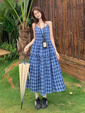 Blue Lattice Loose Sling Dress Women 2026 Summer New Sweet Thin Swing Skirt Mid-Long Skirt