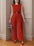 Spring And Summer 2025 New Women's Solid Color Jacket Sleeveless Belt Two Sets Of Trouser Casual Set