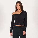Autumn 2025 Hot Women's Slanted Shoulder Long-Sleeved Button Knitted T-Shirt Y2K Hot Girl Style Repair Body