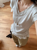 Pure White V-Neck Lace Spliced Short-Sleeved T-Shirt Women 2026 Summer New Straight Shoulder Short Top