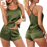 Summer Ladies Homewear Slings High-Colbute Simulation Silk Shorts Two-Piece Pajamas Set