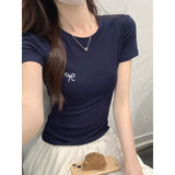 Positive Shoulder Short Sleeve T-Shirt Girl Summer New Bow Bow Collar Fashion Embroidery Repair Shirt Hottie Blouse