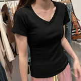 Solid Color Foundation V-Neck Shoulder Thin T-Shirt Girl Summer Slim Small Collar Short Sleeve Top