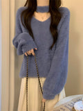 White Hanging Neck Horse Hair Sweater Women Autumn And Winter V Collar With Knitted Bottom Shirt Soft Porridge Velvet High-End Top